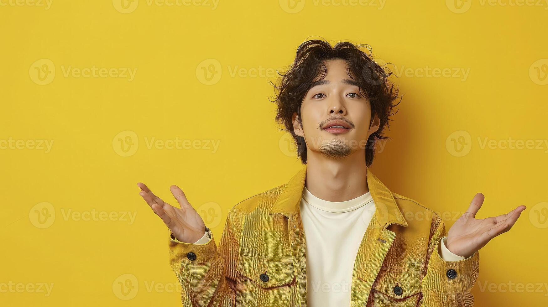 Young man with hands up against yellow background photo
