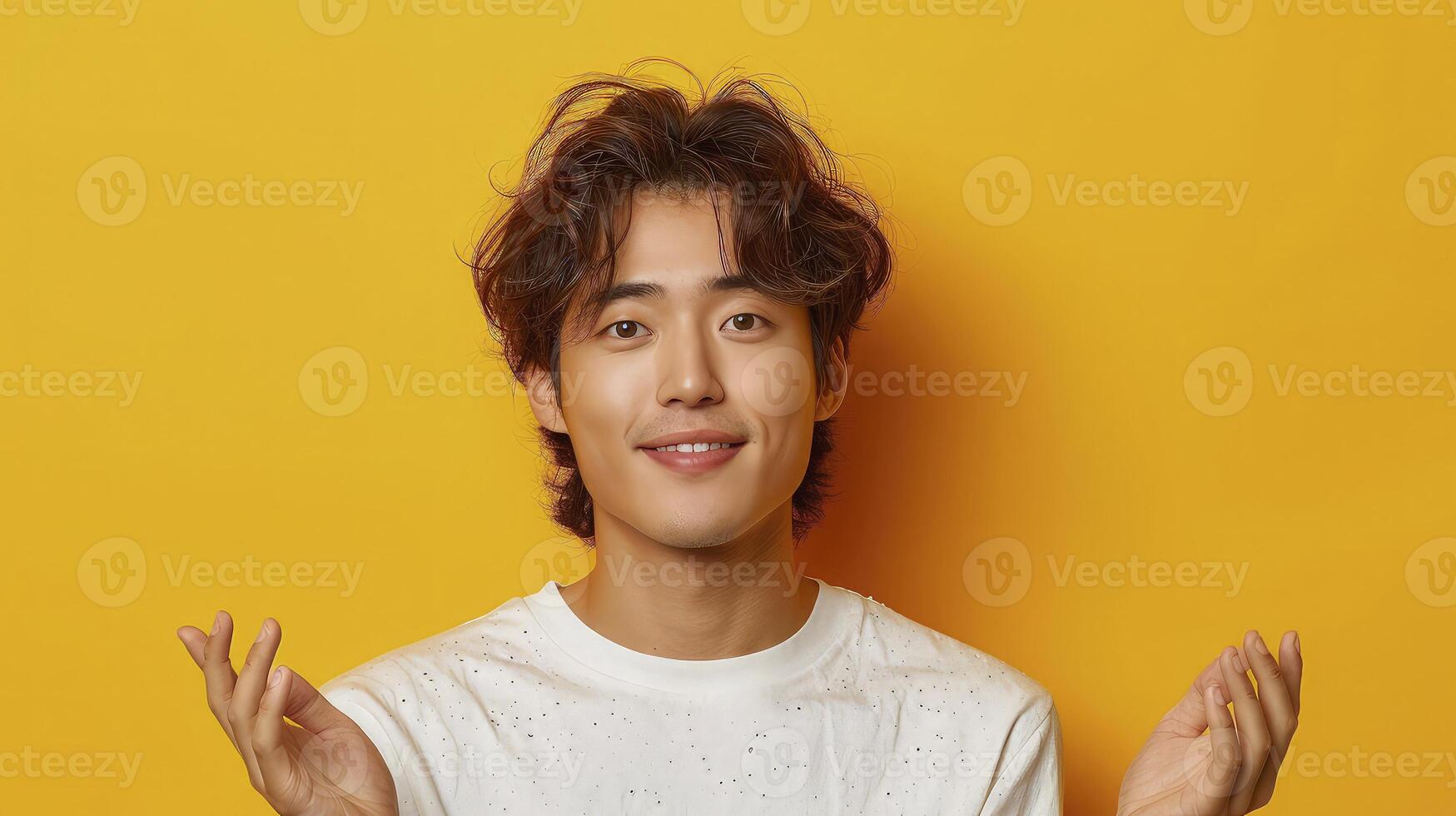 Young man with hands on his chest and looking up photo
