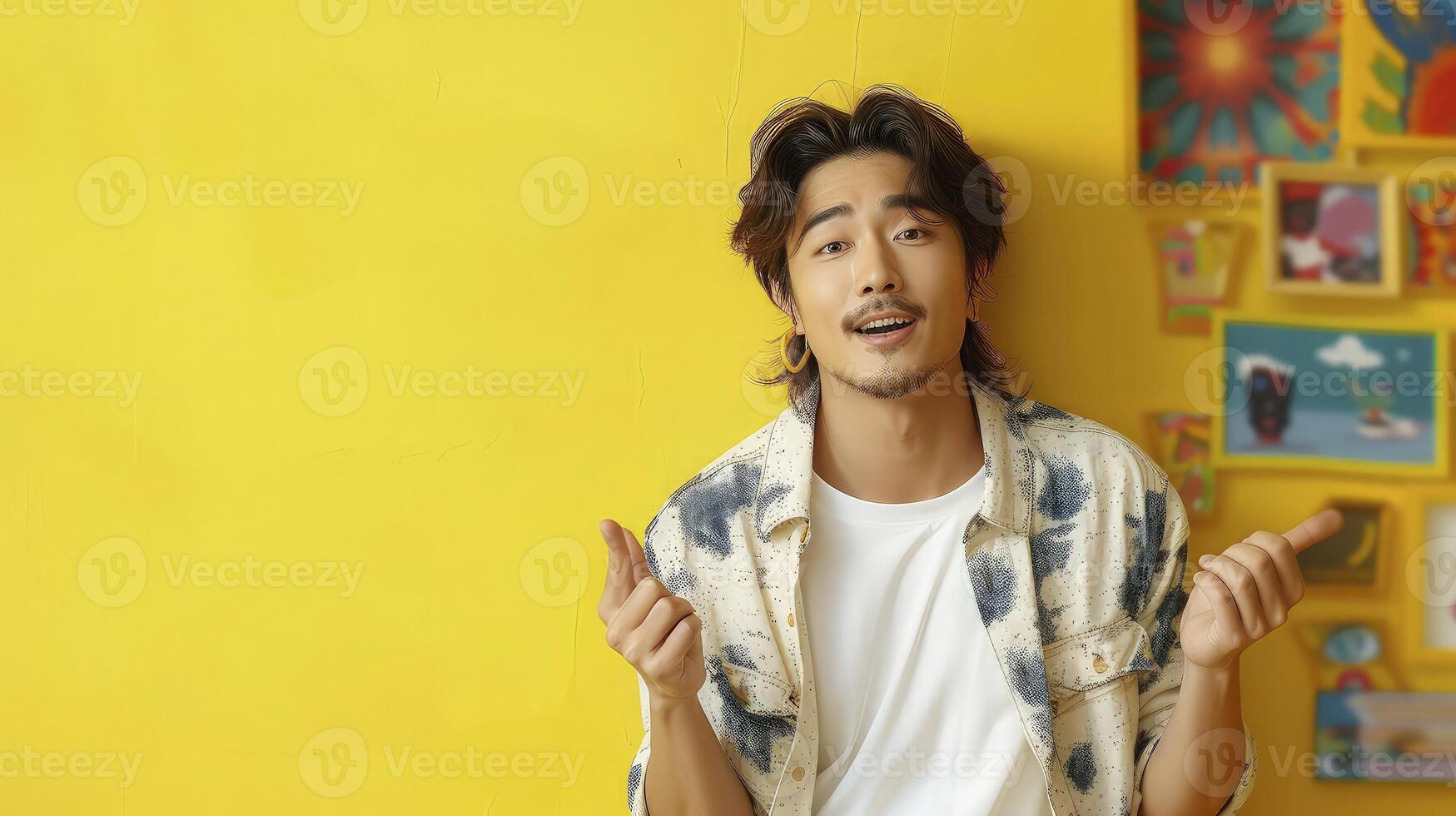 A man with a yellow wall and a yellow shirt photo