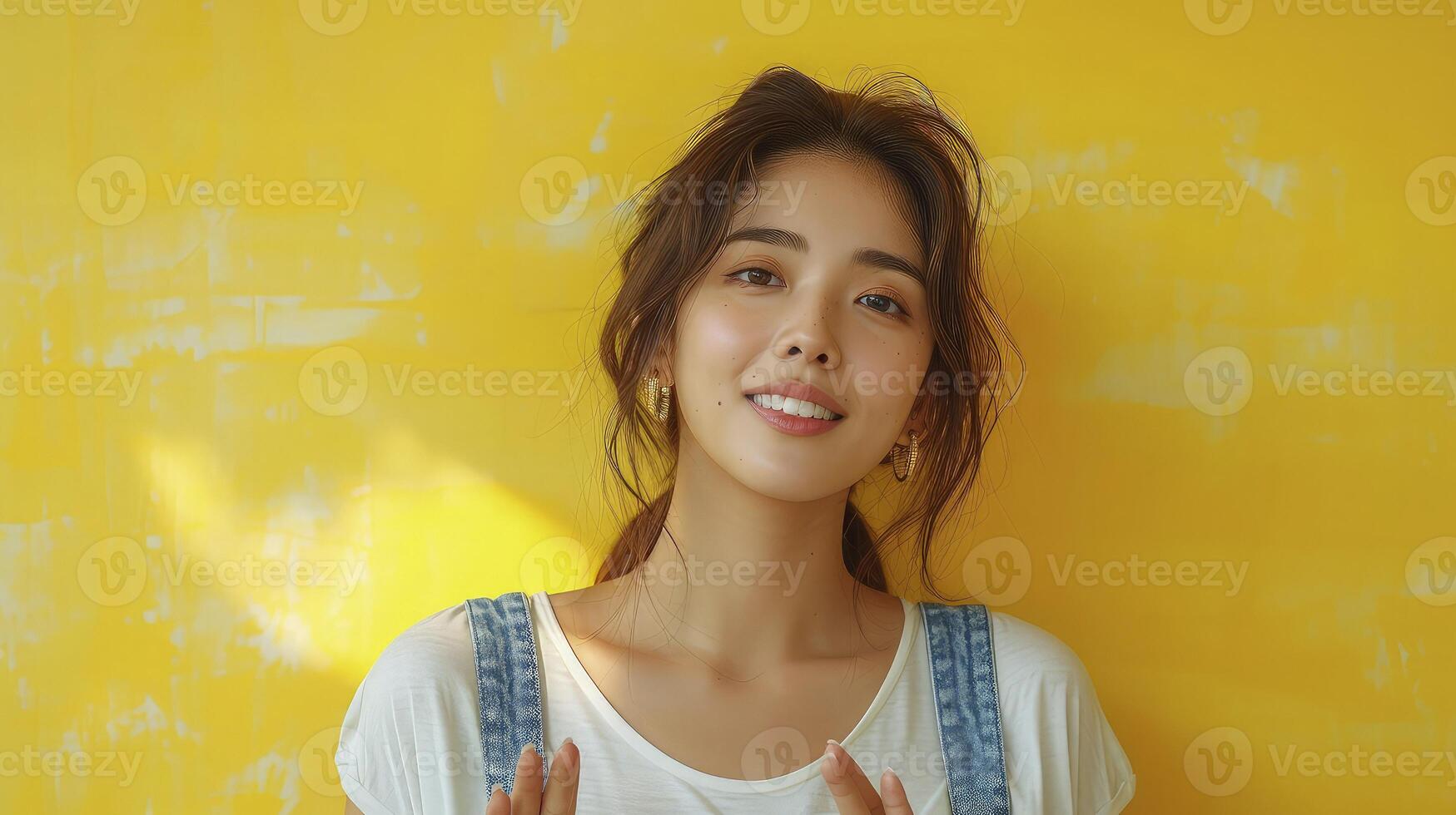 A woman is smiling while standing in front of a yellow wall photo