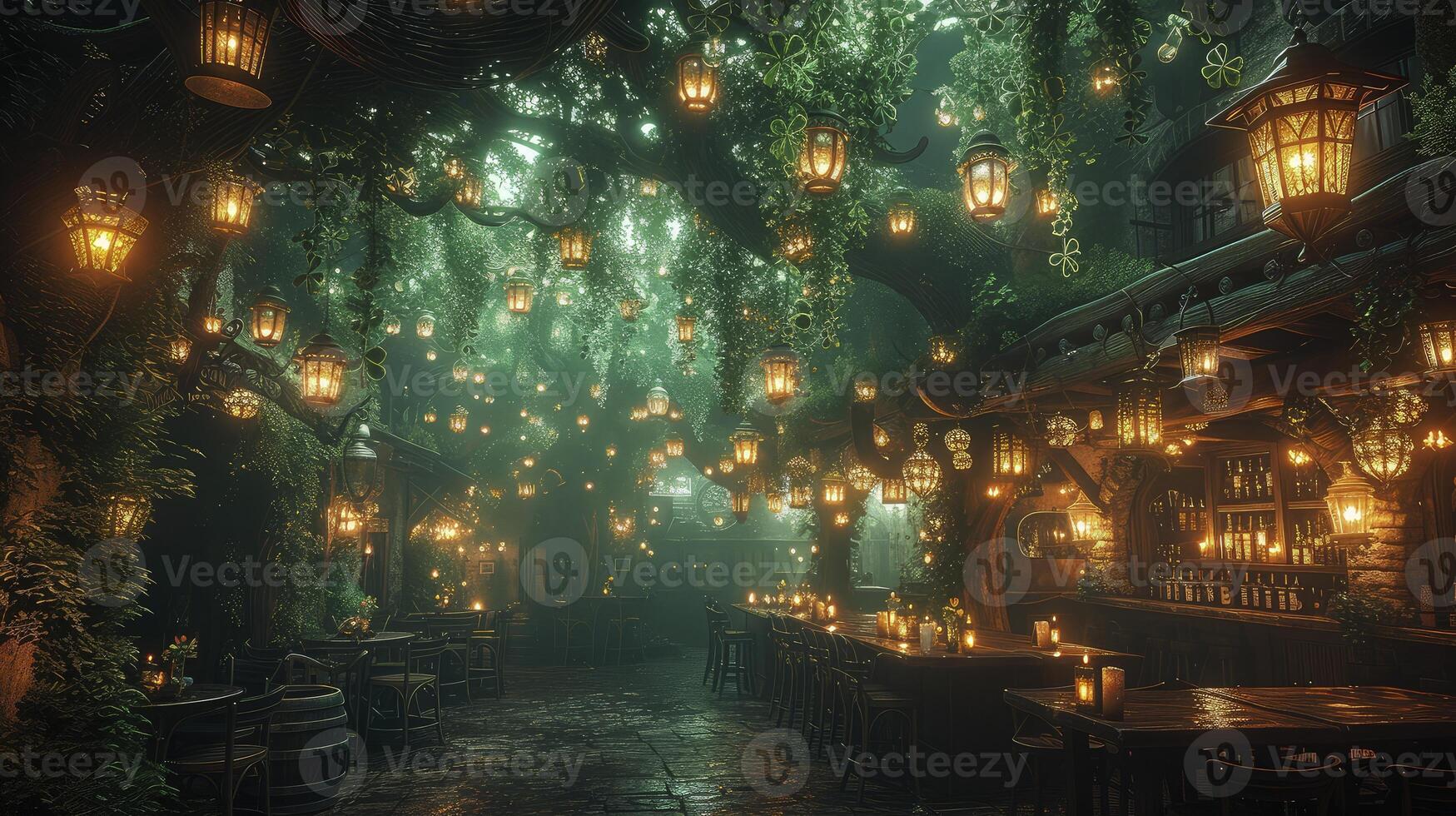 A dark alley with lots of lights and trees photo