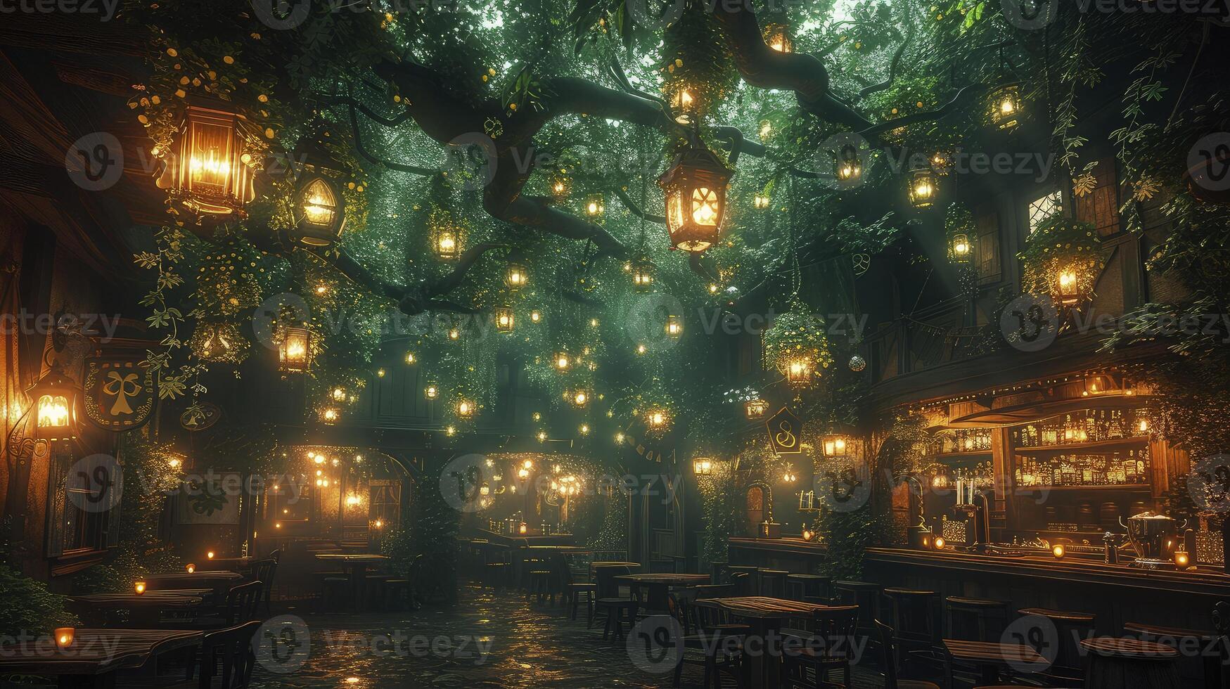 A bar with lots of lights and plants photo