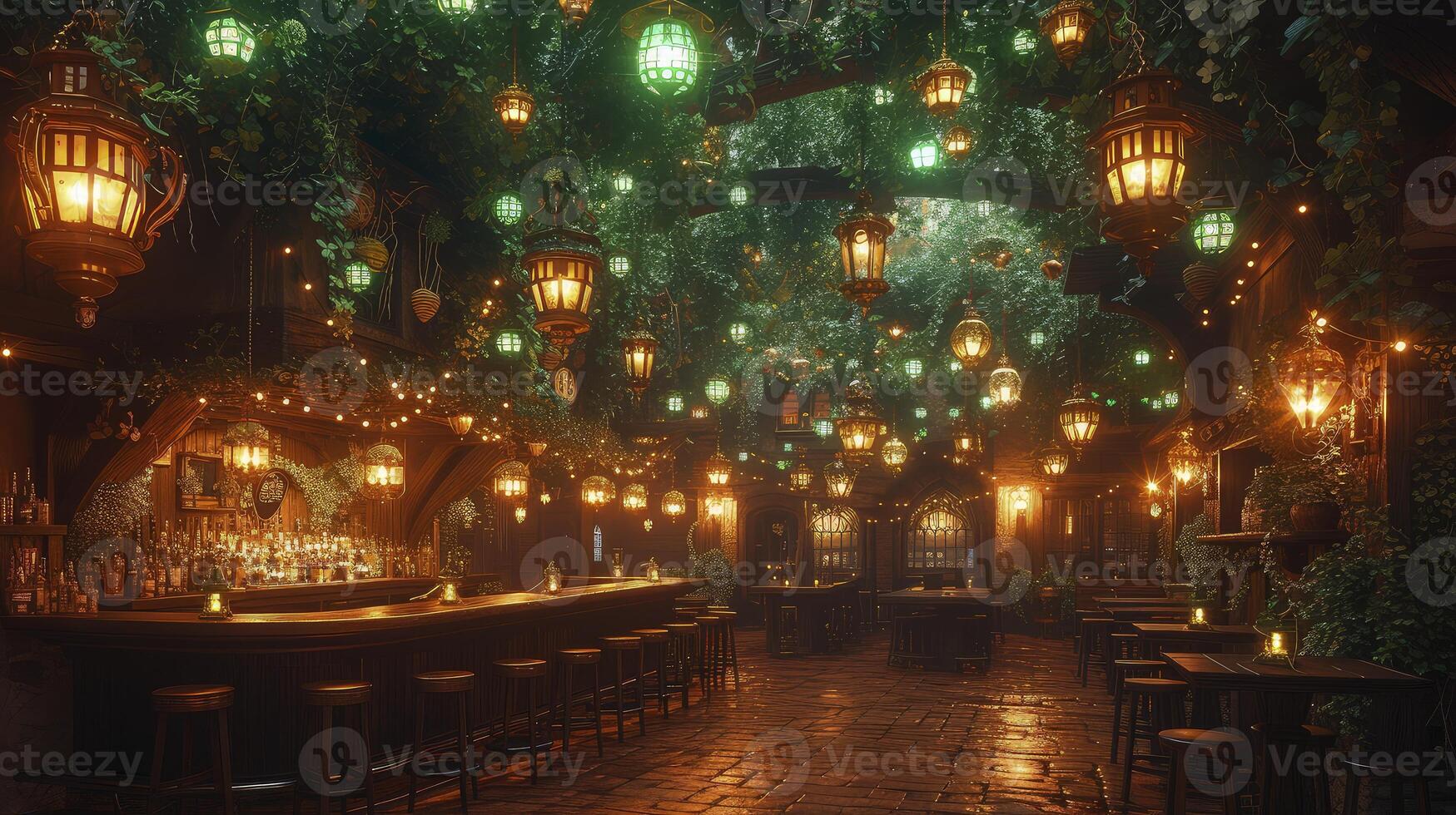 A bar with green lights hanging from the ceiling photo