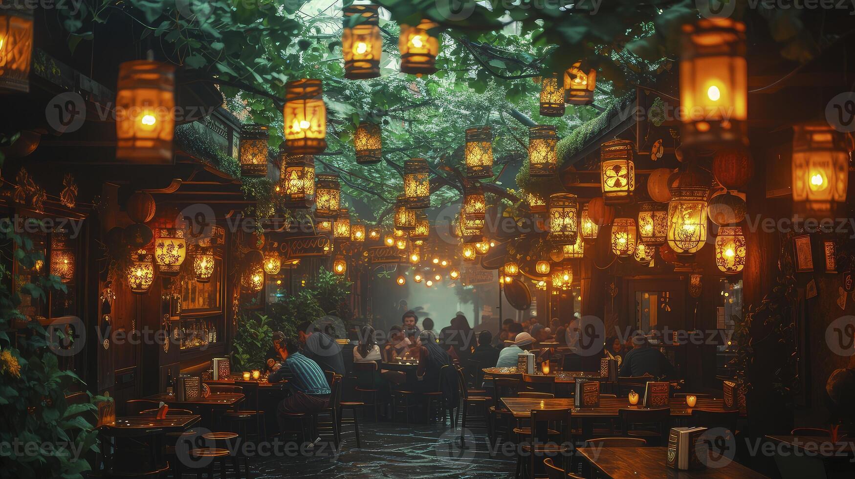 A restaurant with lanterns hanging from the ceiling photo