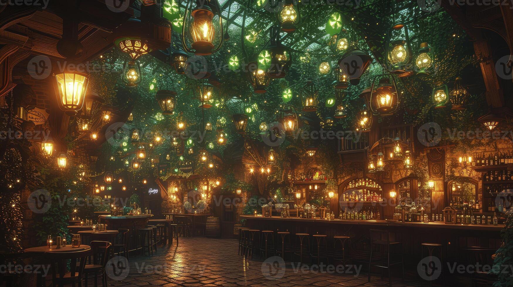 A bar with lots of lights hanging from the ceiling photo