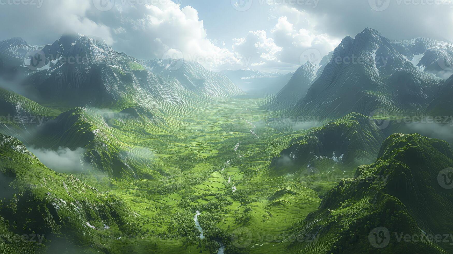 A green valley surrounded by mountains and clouds photo