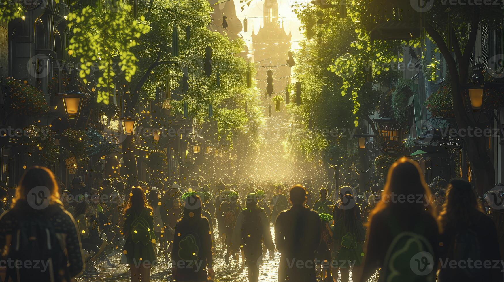 A group of people walking down a street with trees and green leaves photo