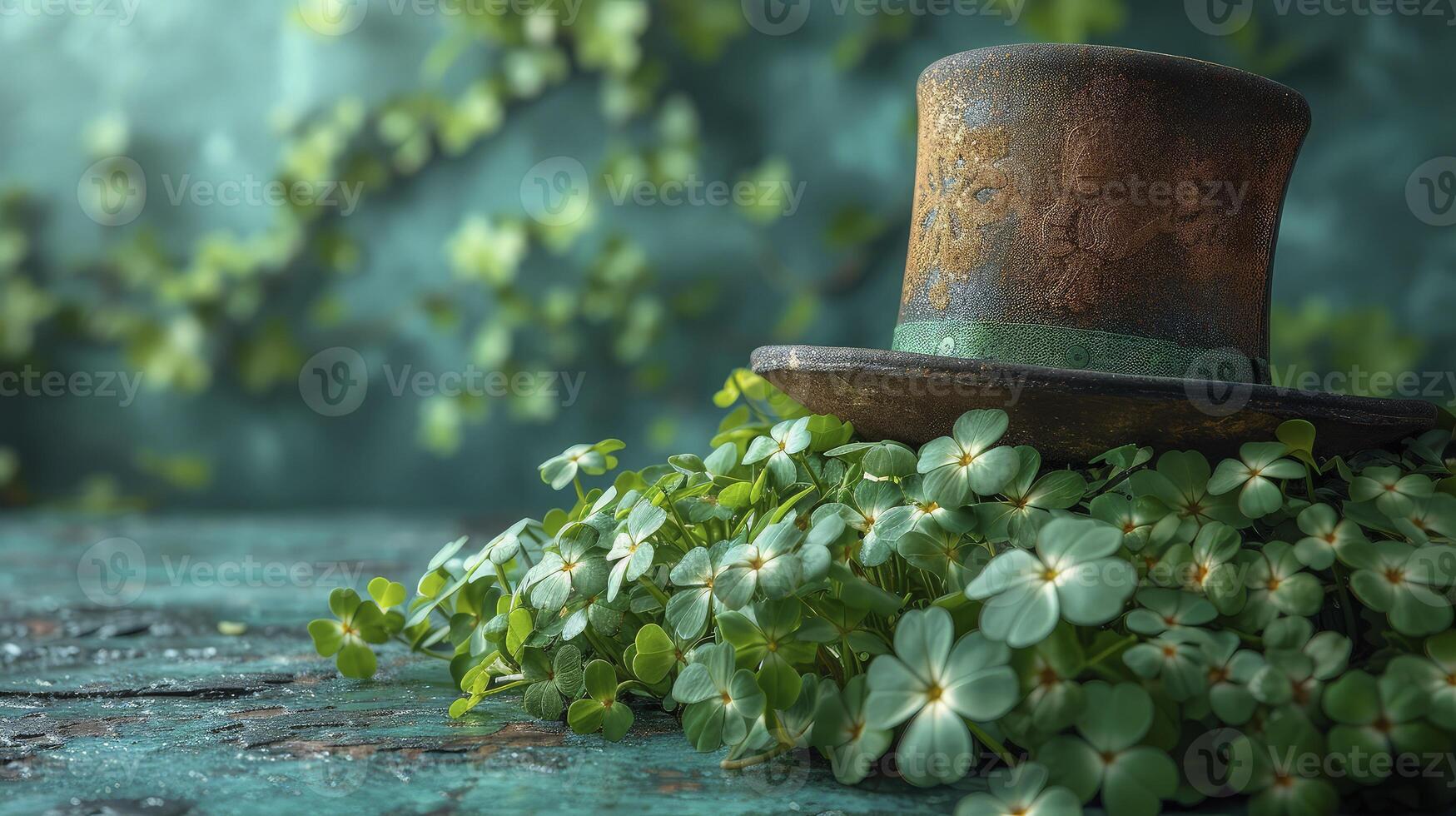 St patrick's day hat and clover on wooden table photo