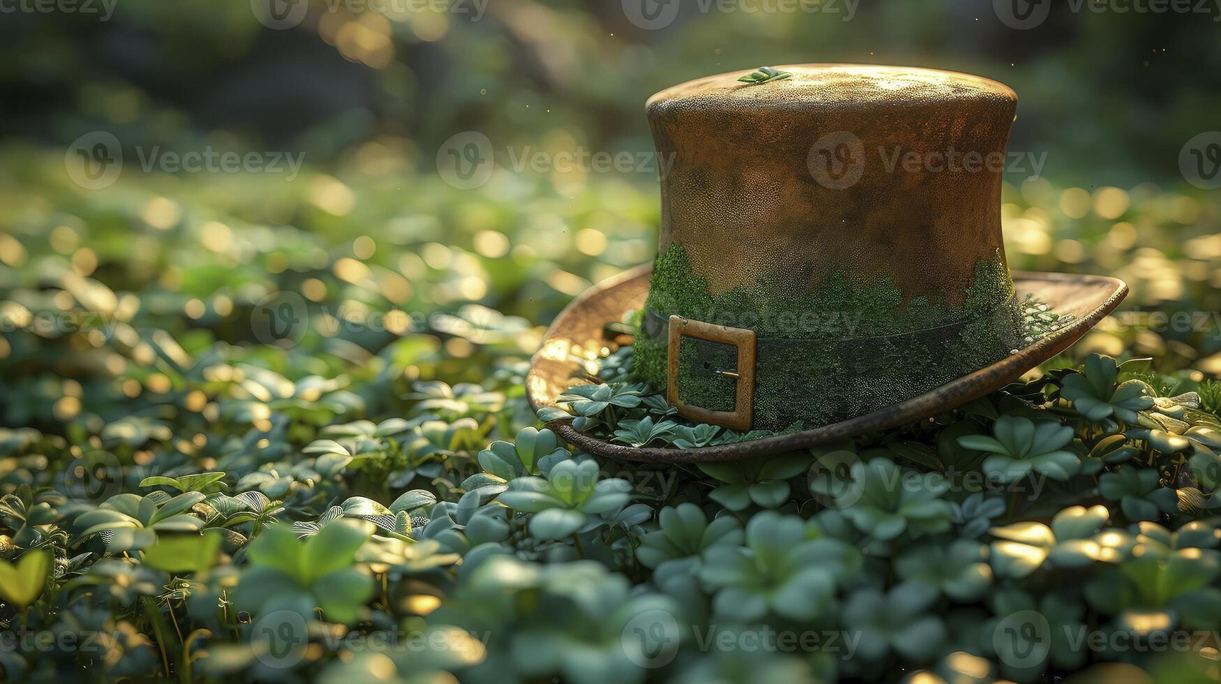 A hat is sitting in the grass with clovers photo