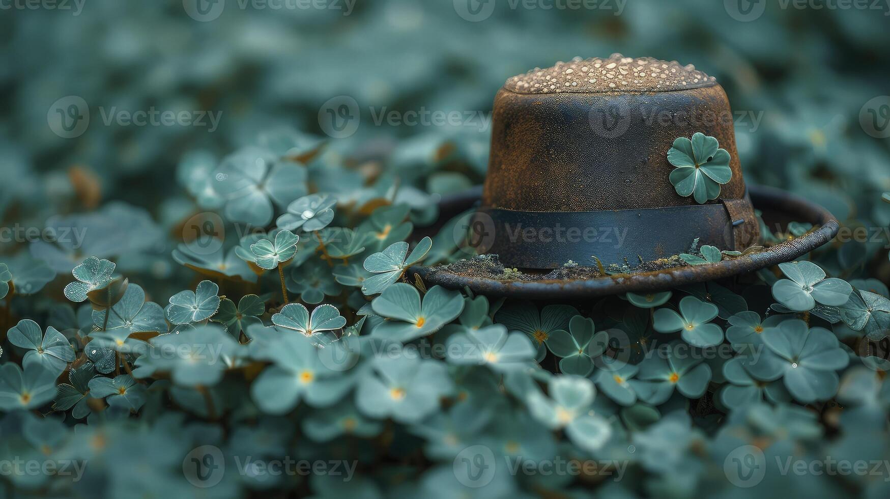 A hat is sitting in the middle of some green plants photo
