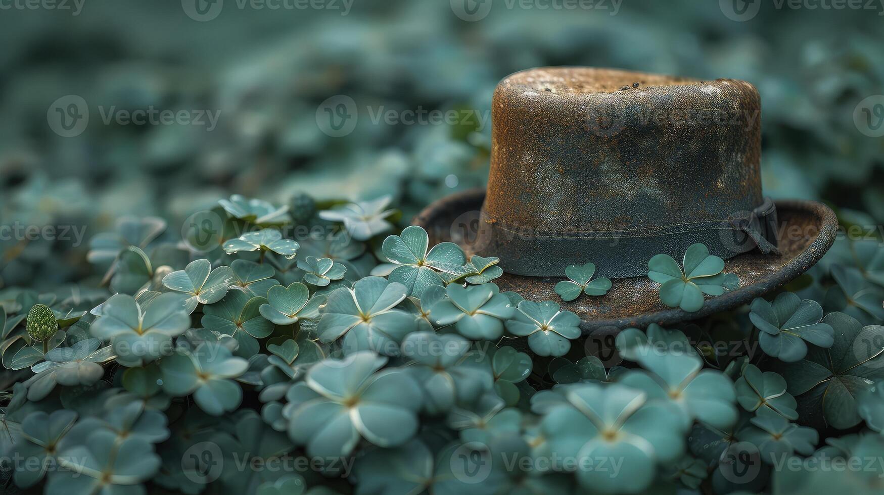 An old hat sits in the middle of green clover photo