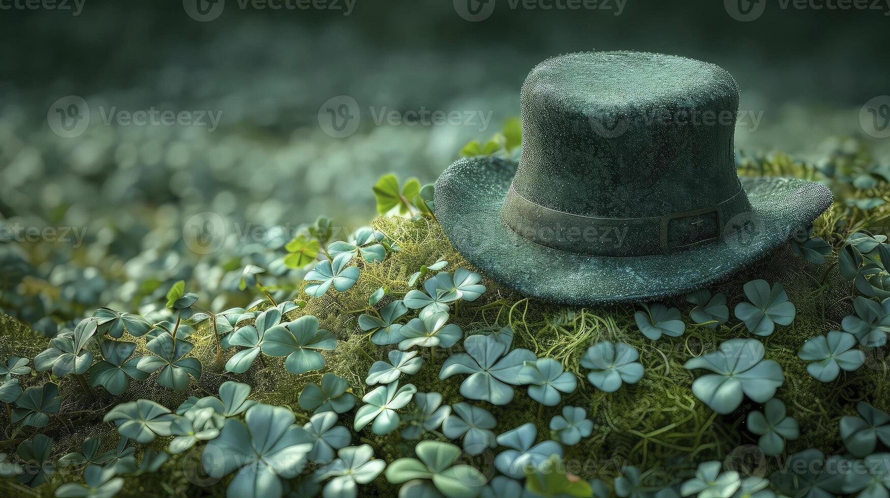 A hat sits on top of a clover field photo