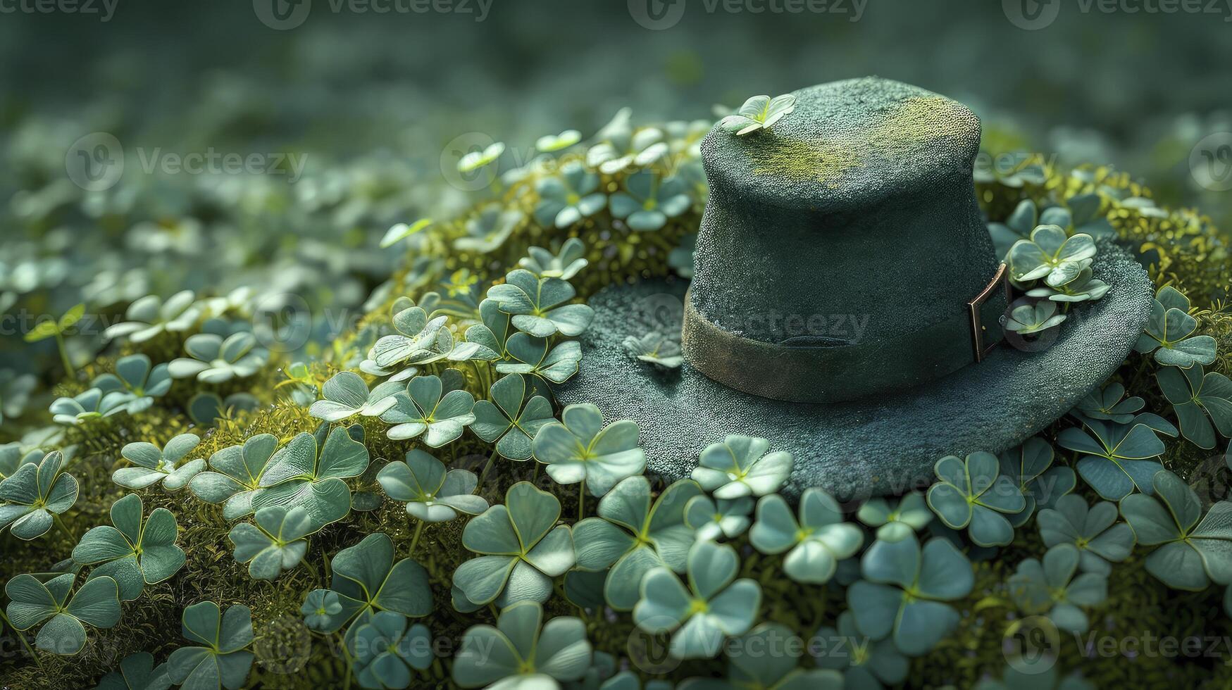 A green hat sits in the grass surrounded by clover photo