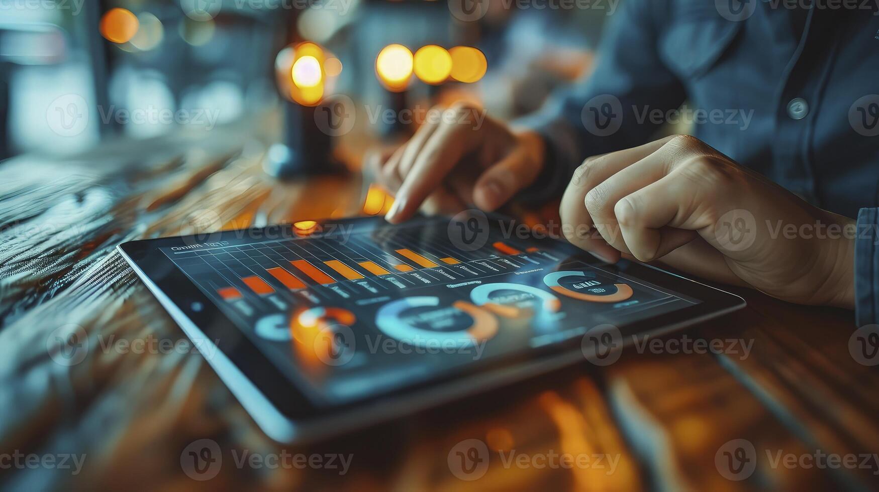 Man using tablet with graphs on table photo