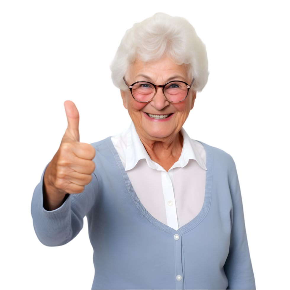 Cheerful elderly lady giving a thumbs-up in a bright room capturing joyful moments positive vibes close-up view png