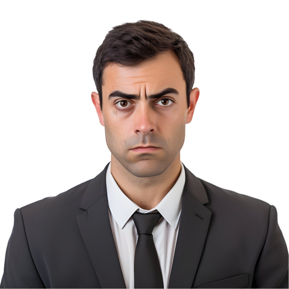 Skeptical businessman raises eyebrow in office setting expressing doubtful thoughts professional environment close-up view png