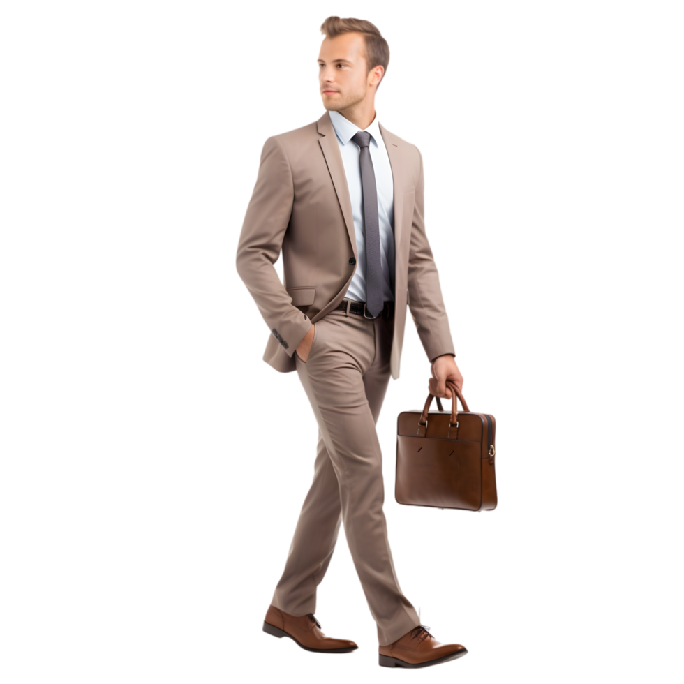 Confident businessman walking with briefcase in urban setting professional environment dynamic viewpoint for business success png