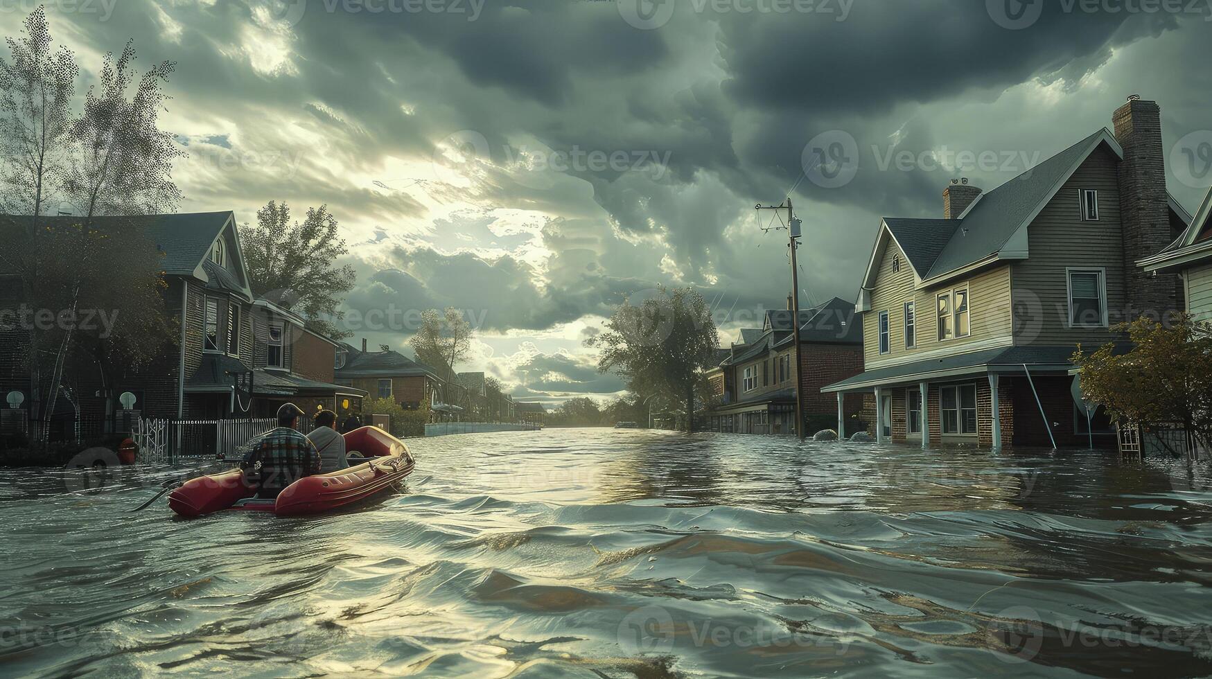 A man in a boat is floating down a flooded street photo