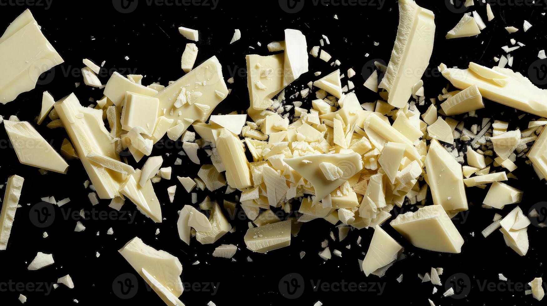 A neat spread of white chocolate pieces on a bold black setting photo