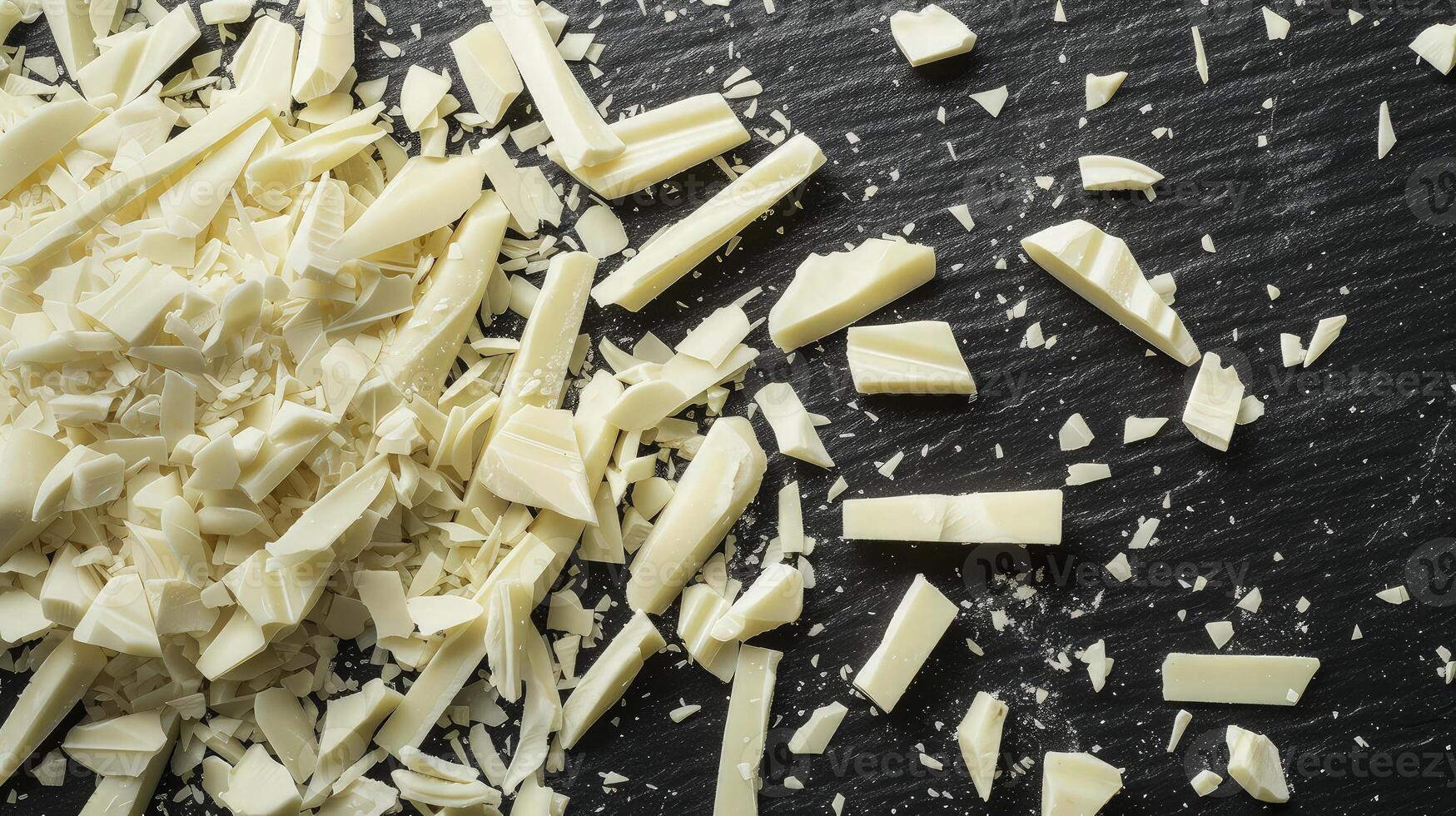 A display of white chocolate fragments on a dark black surface photo