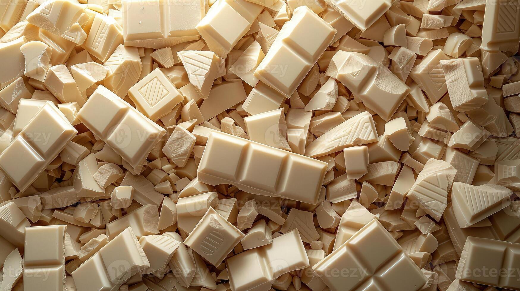 An appetizing pile of white chocolate chunks showcased on a white scene photo