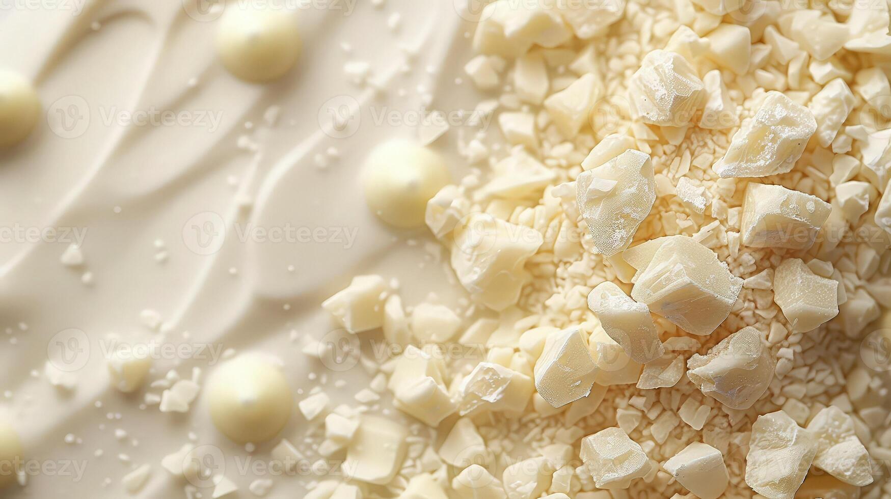 A cluster of white chocolate chunks showcased on a minimalist white surface photo