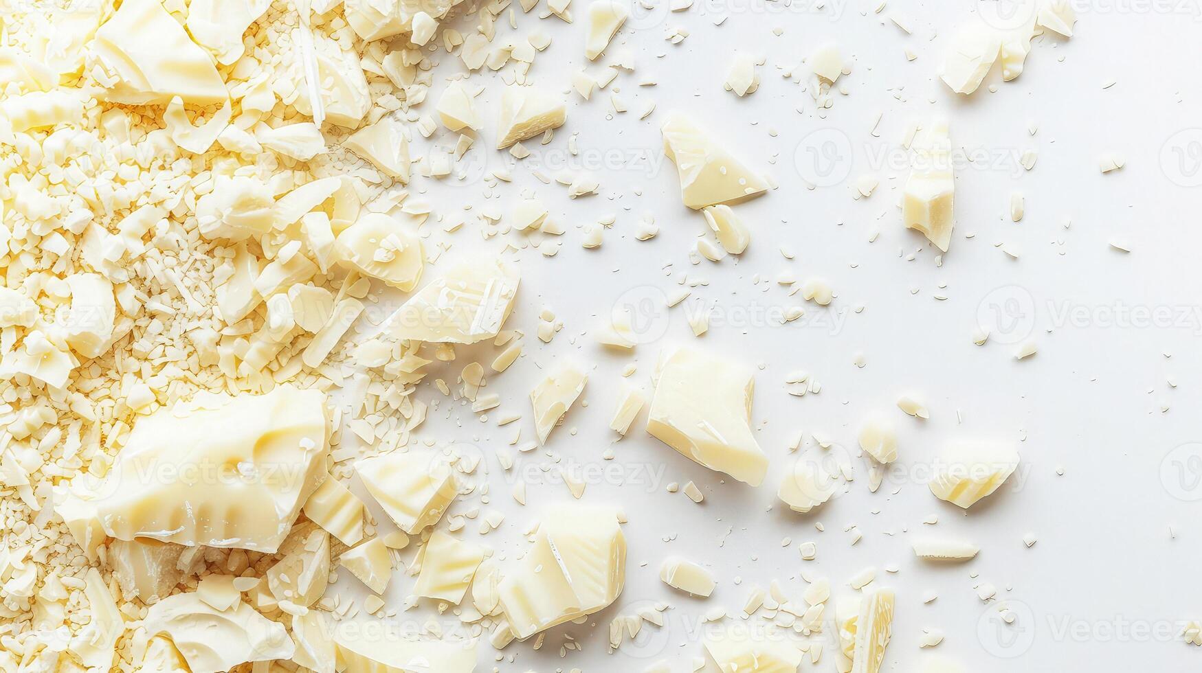 A visually appealing pile of white chocolate chunks on a pure white base photo