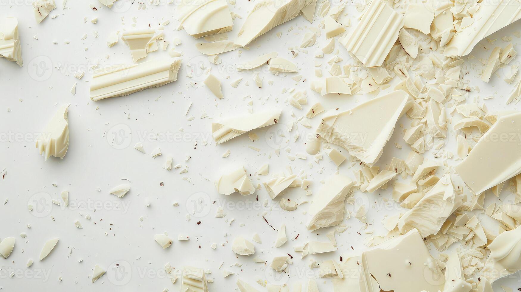A mound of white chocolate chunks resting on a pristine white surface photo