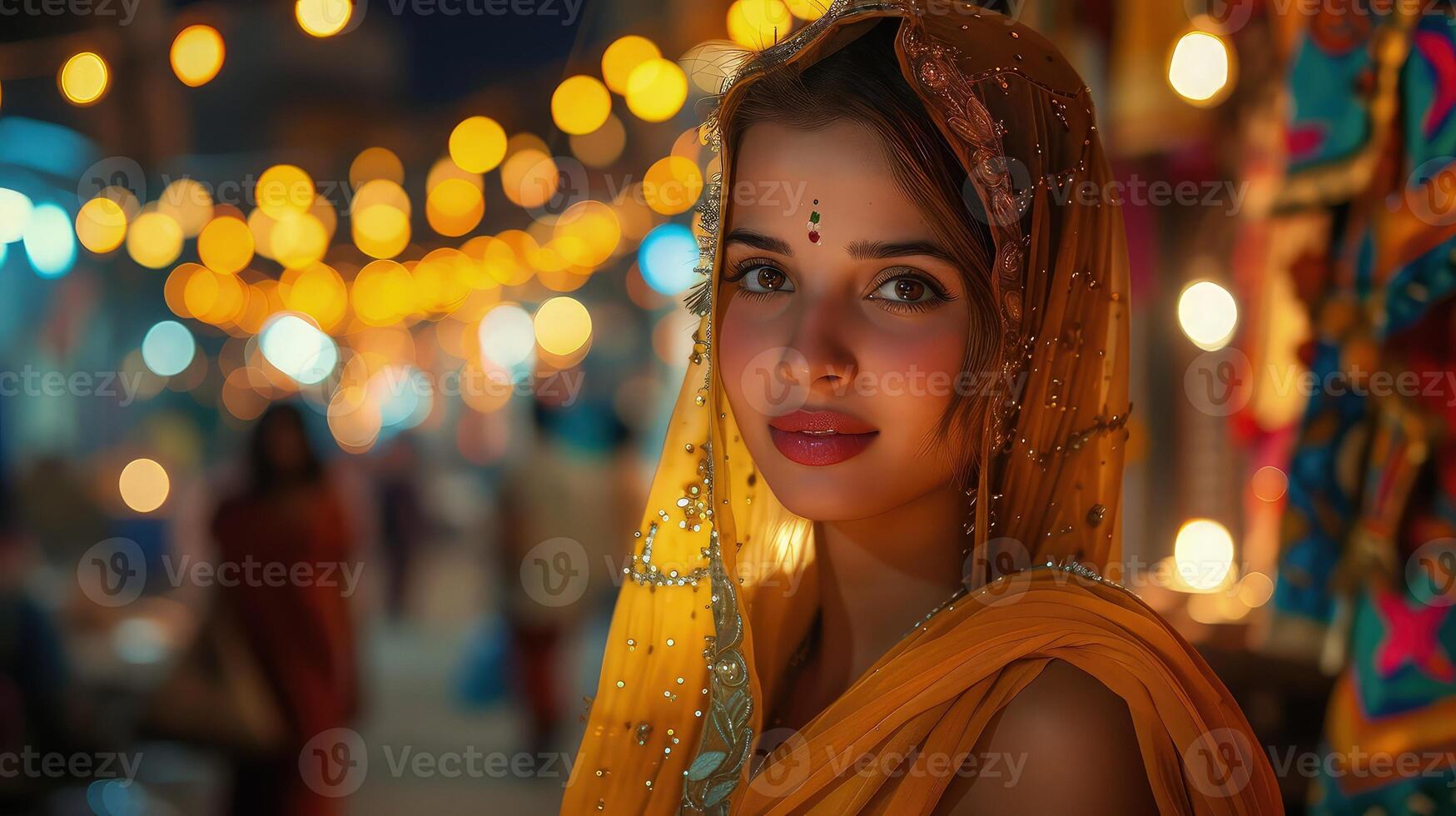 A woman in a sari is posing for a photo
