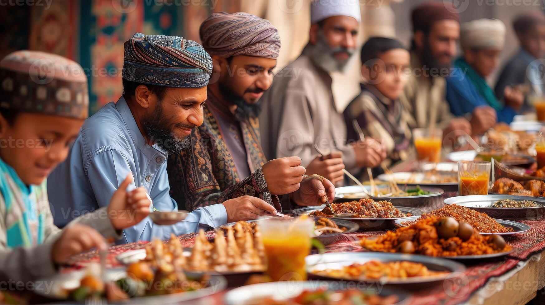 A group of men sitting at a table eating food photo