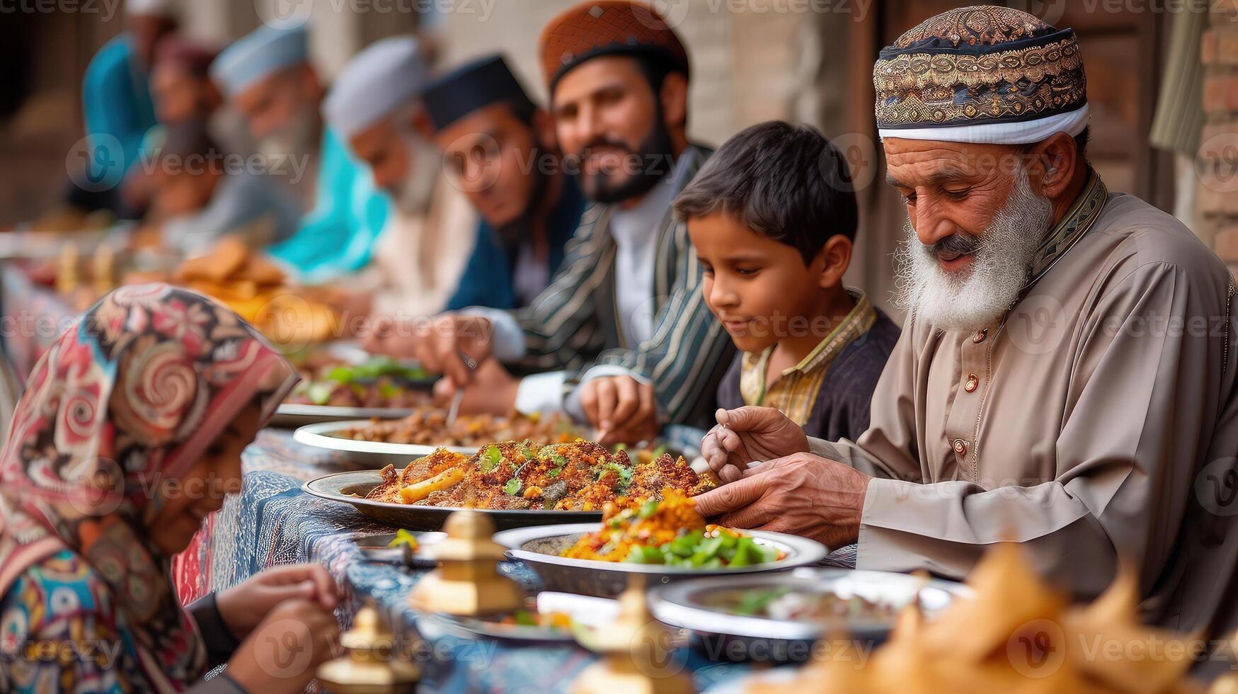 A group of people eating food at a table photo