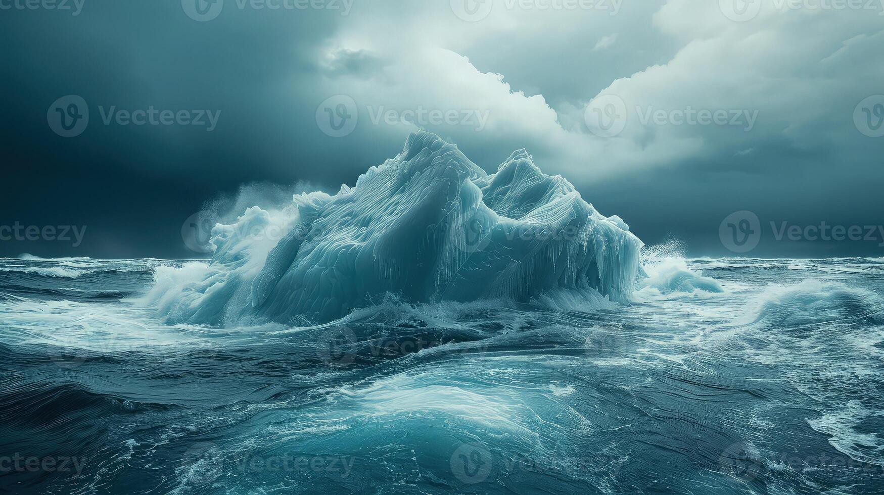 A striking view of an iceberg under a stormy oceanic sky photo