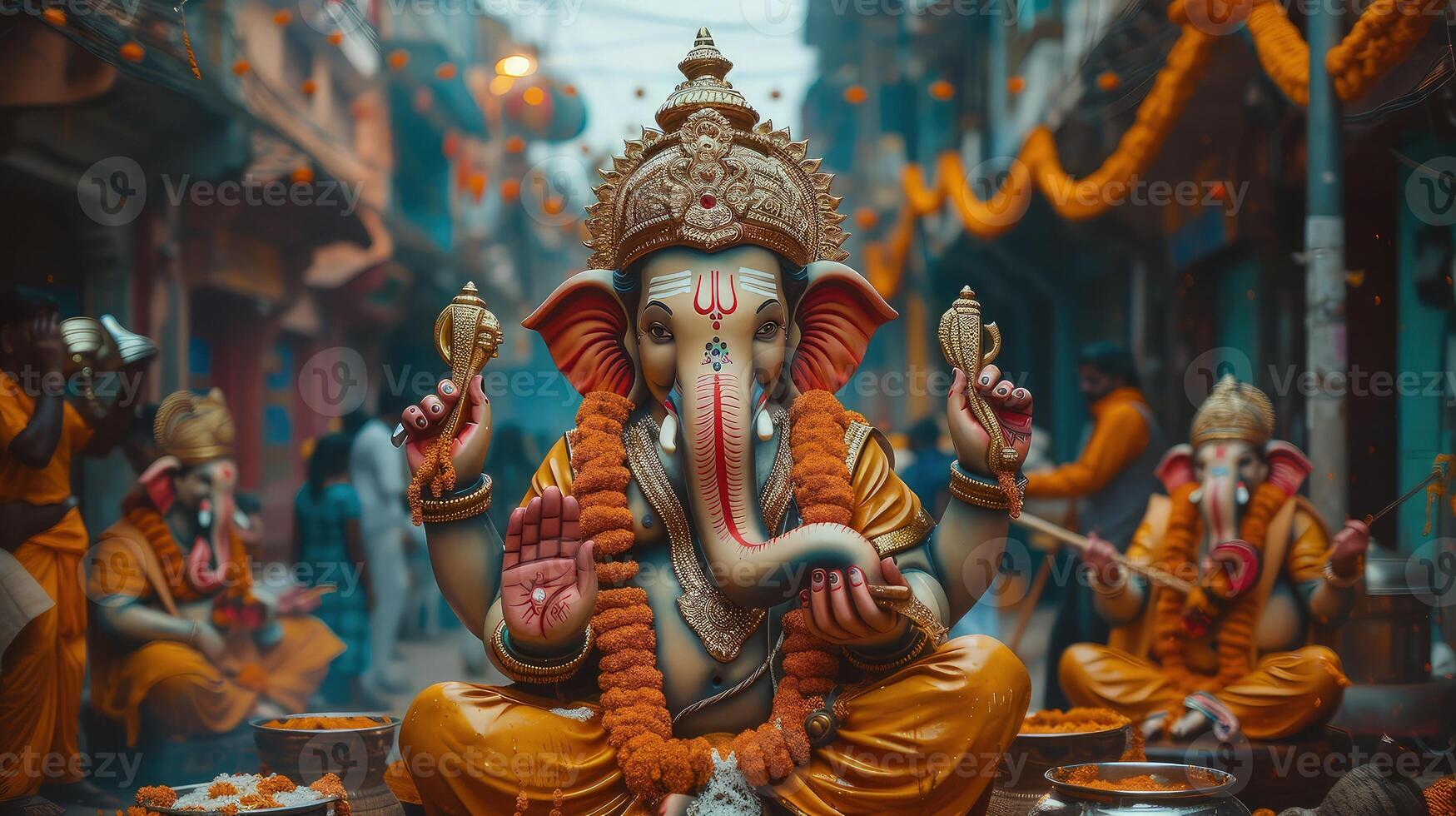 Intricate Ganesh statue placed gracefully in the middle of the street photo