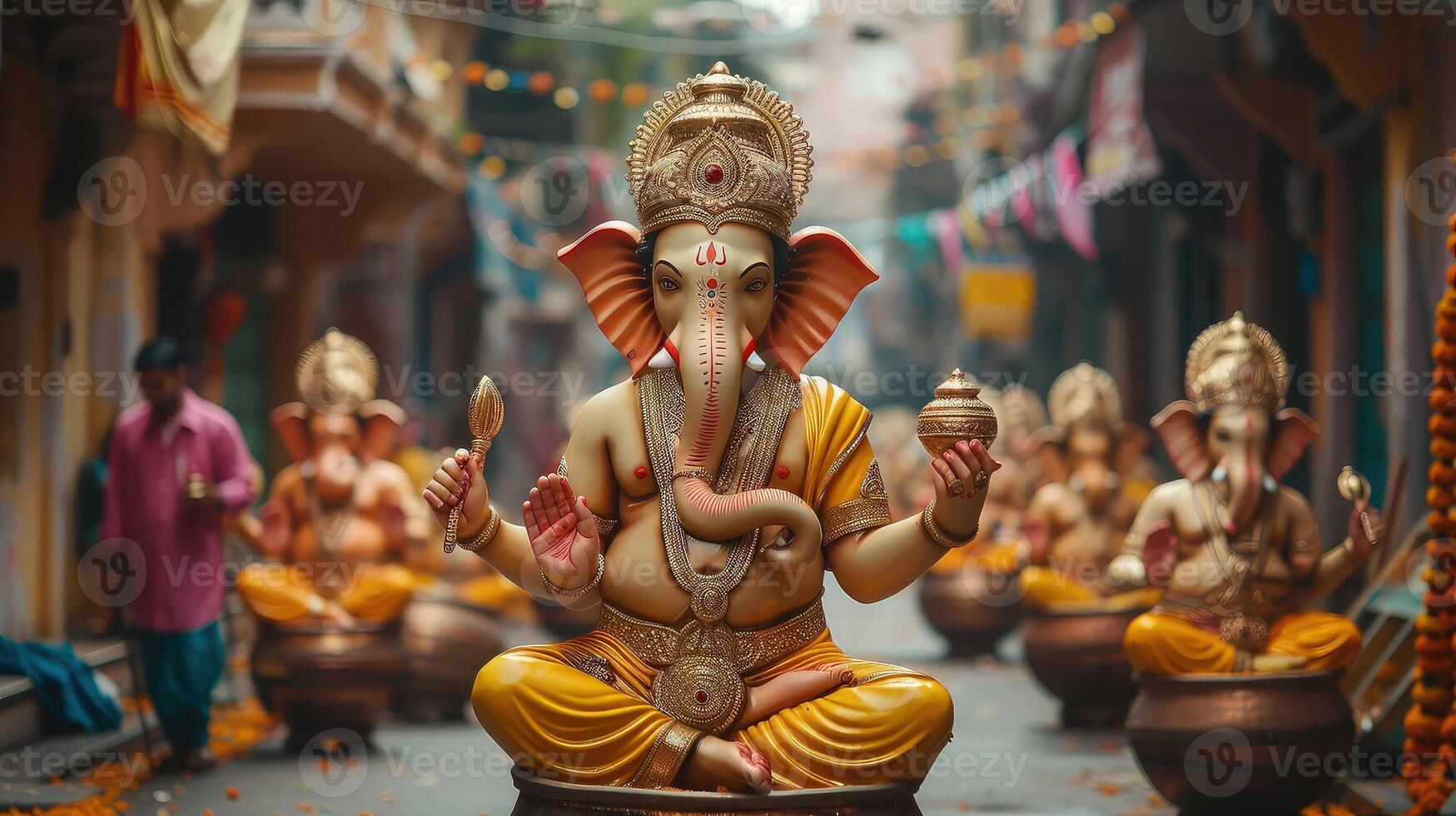 A statue of ganesh is sitting on a street photo