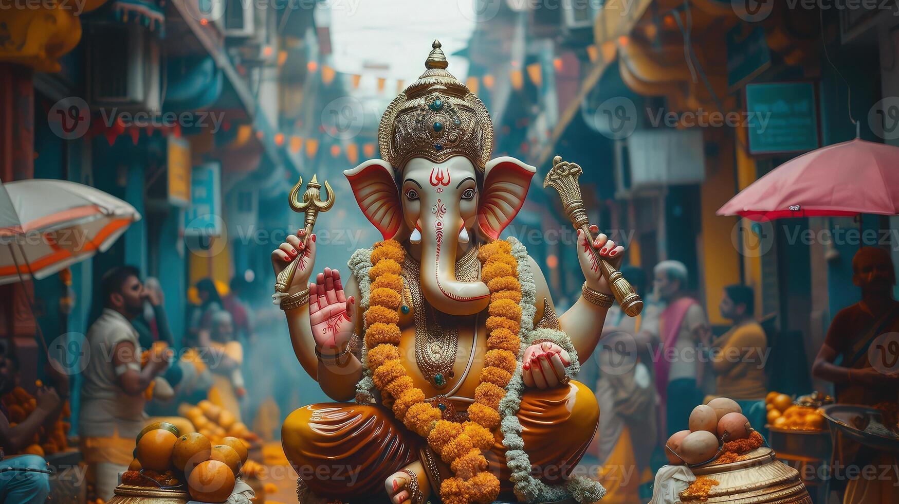 A statue of ganesh is surrounded by people photo