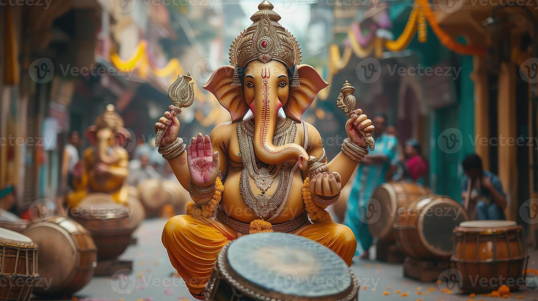 Ganesh statue becoming the focal point in a lively urban street photo