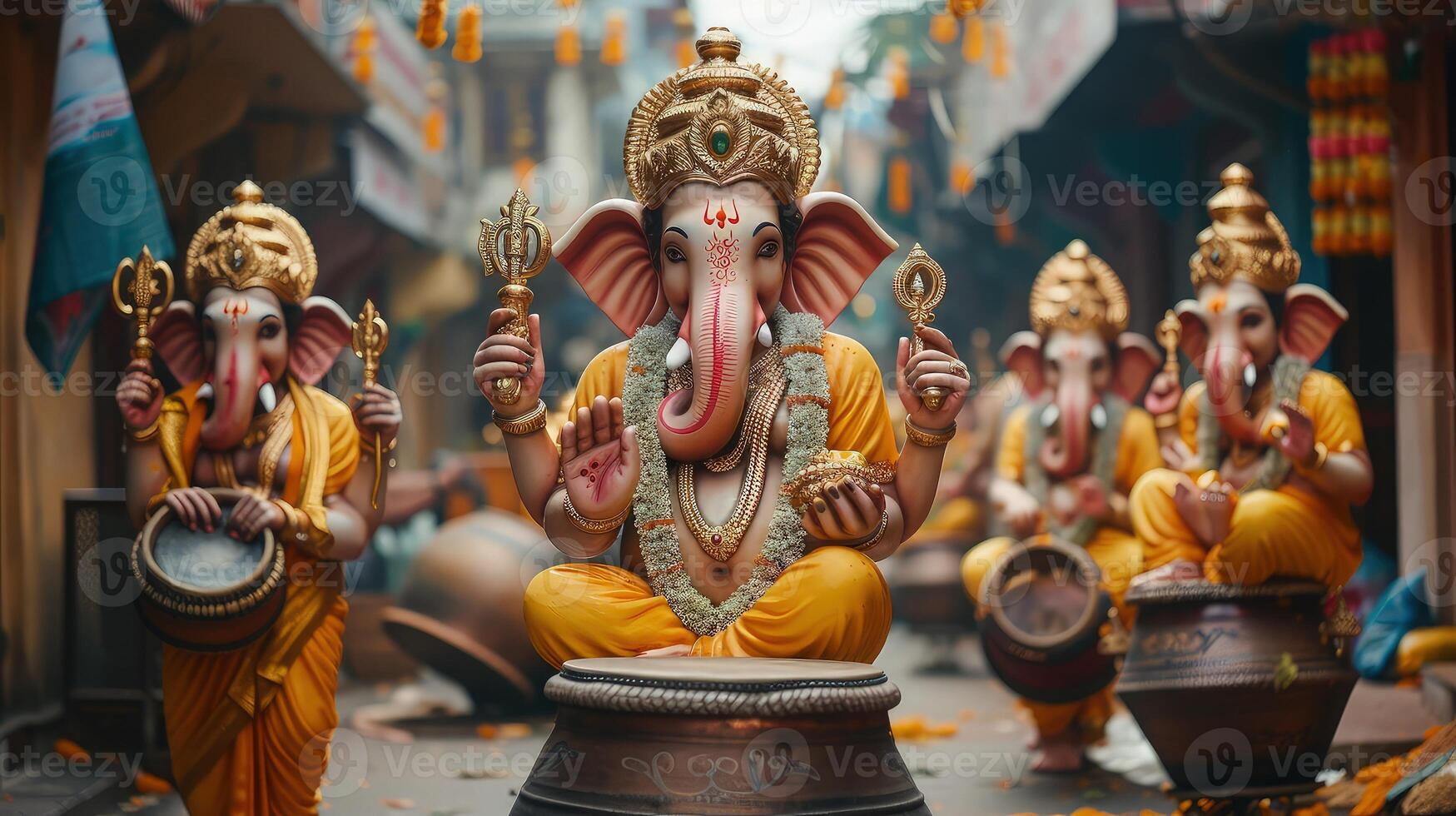 A group of statues of ganesh in a street photo