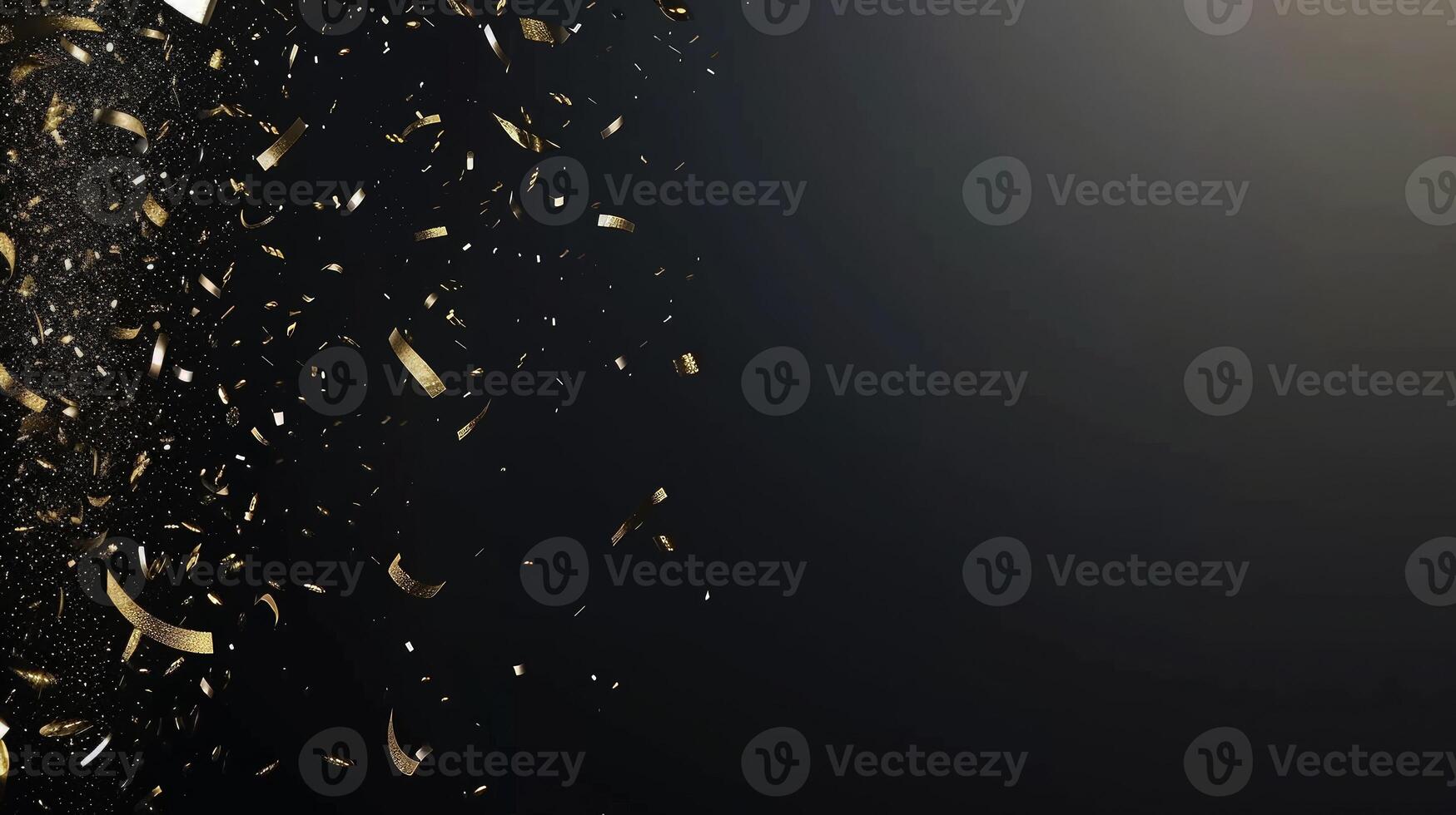 Glittering golden confetti cascading on a dark black backdrop photo