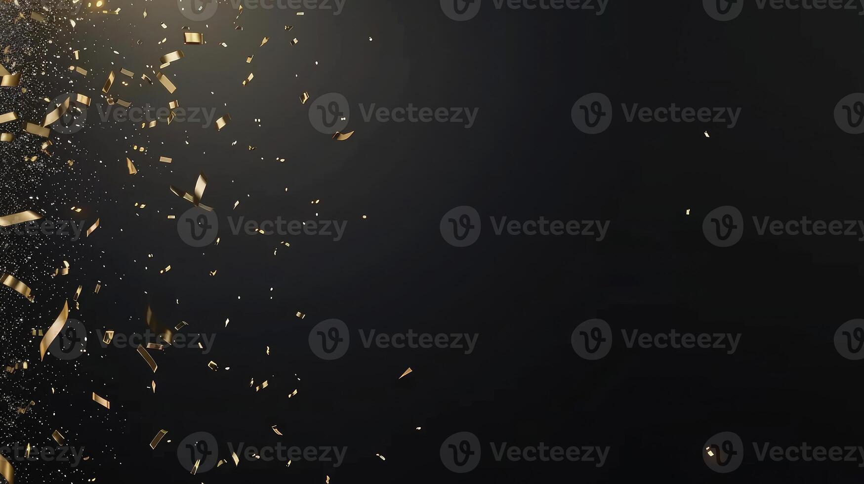 Luminous gold confetti falling gently on a dramatic black surface photo