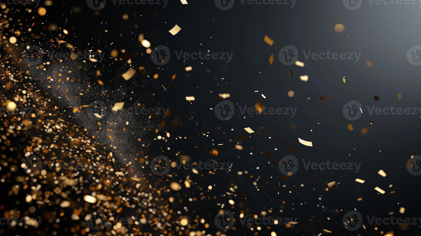 Golden confetti elegantly cascading on a smooth black canvas photo