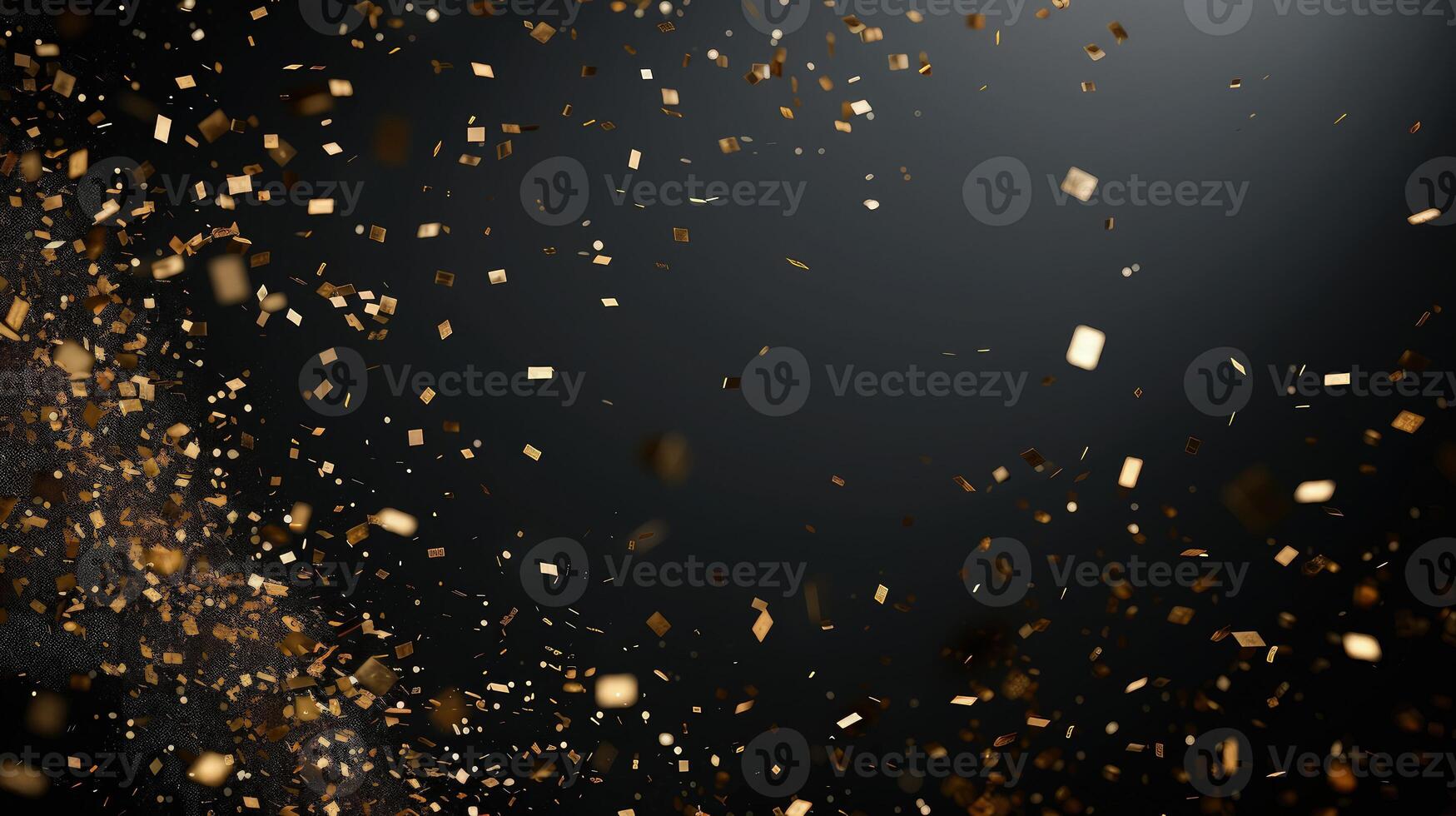 Shimmering gold confetti illuminating the depth of a black surface photo