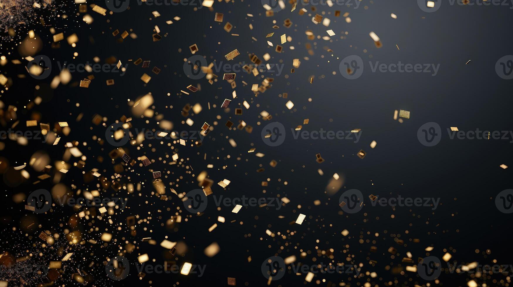 Radiant gold confetti streaming over a solid black background photo