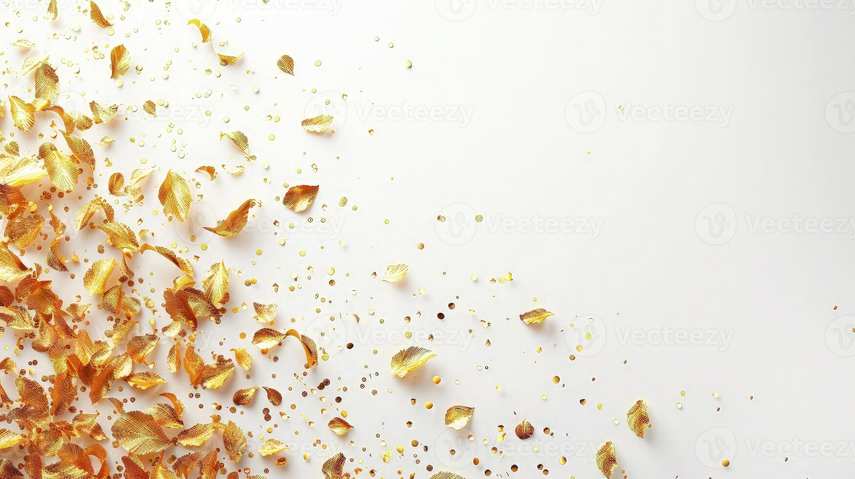 Golden confetti falling from the sky onto a white background photo