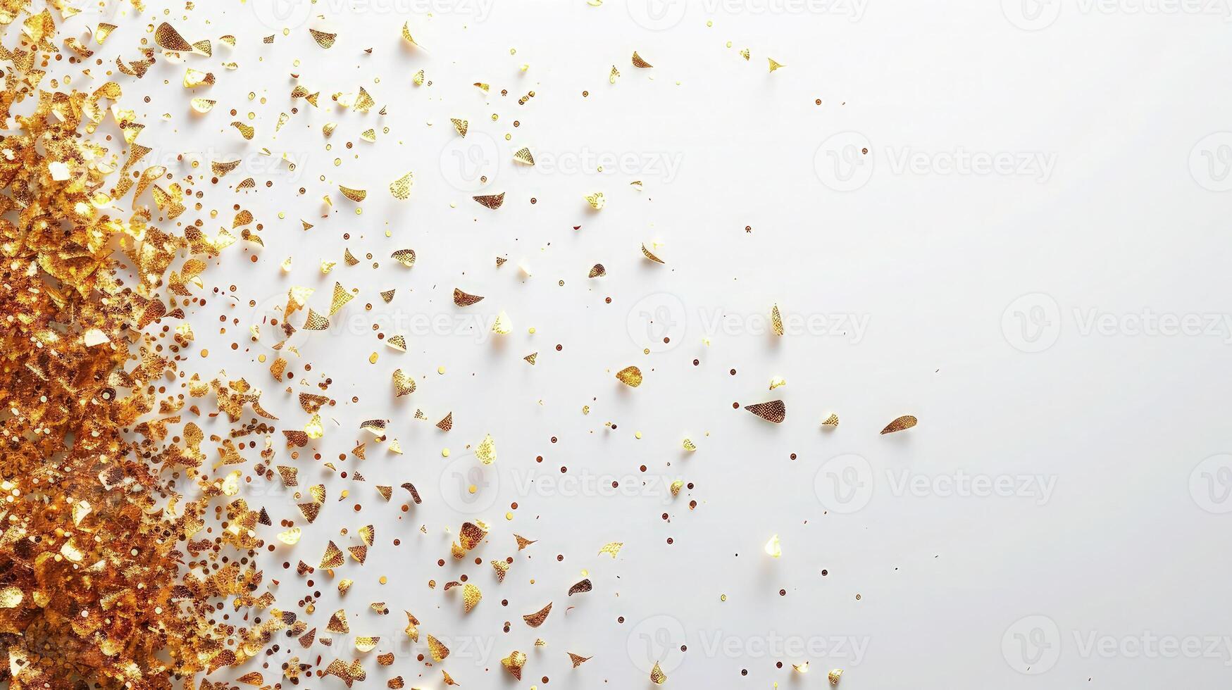 Golden confetti falling from the sky on a white background photo