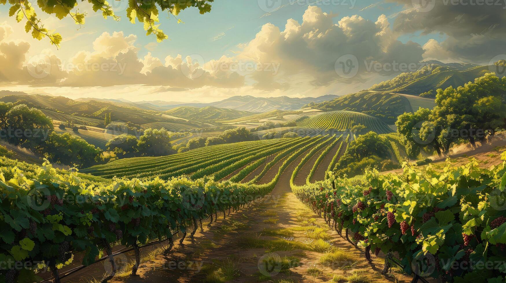 Vineyard landscape with vineyard and hills at sunset photo