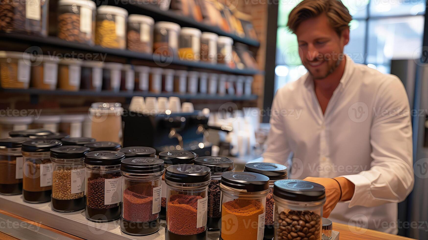 A man is standing in front of jars of spices photo