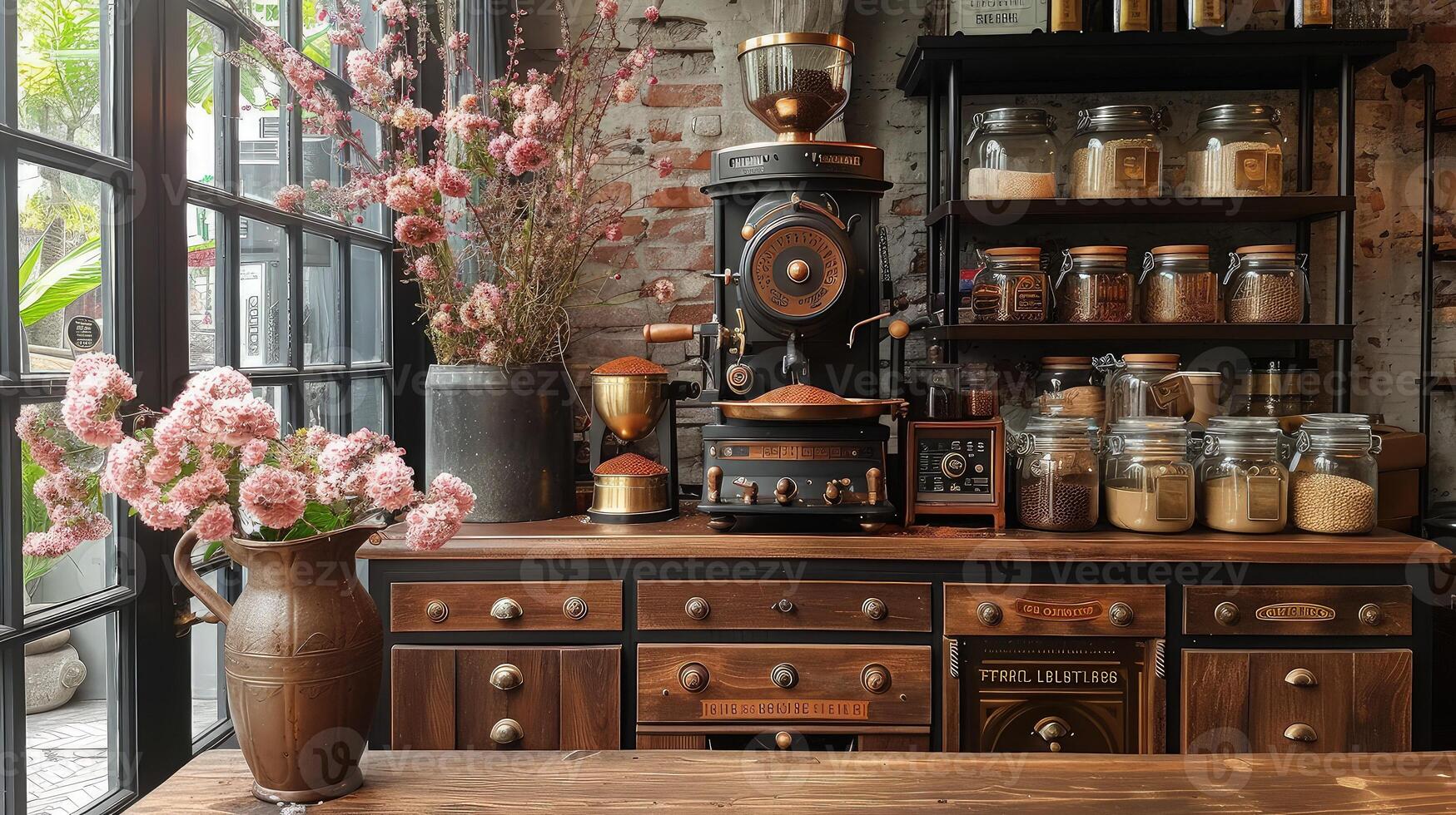 A coffee maker and some jars on a wooden table photo