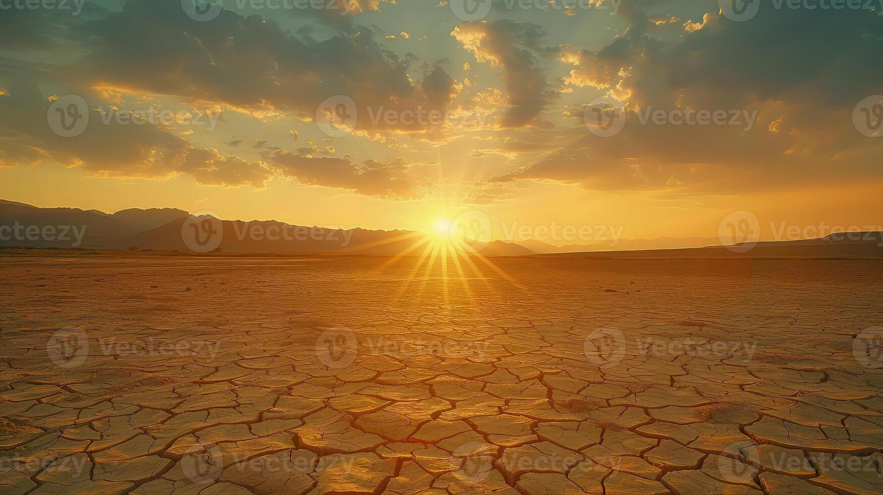 The sun is setting over a dry desert landscape photo