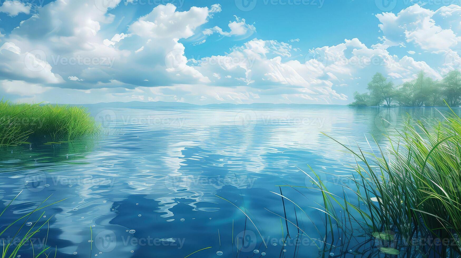 Dynamic grass fringes a calm blue lake. photo