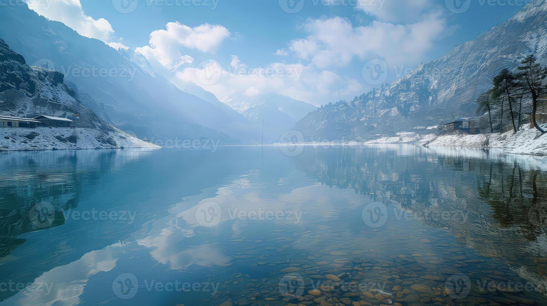Lake shore with vibrant grass under blue skies. photo